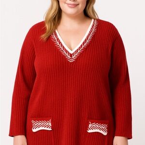 🌸Red V-Neck Sweater with White Embroidery